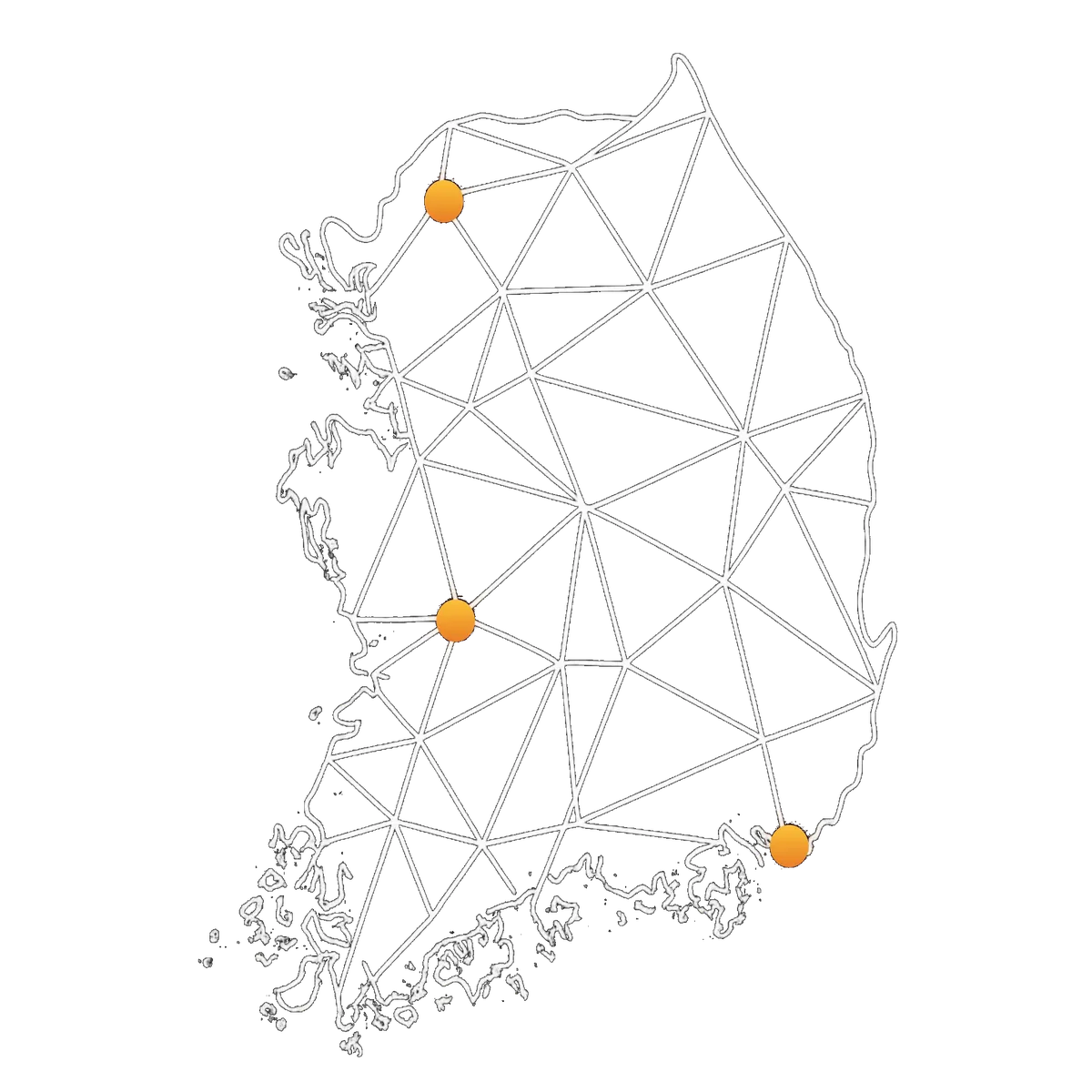 에이피텍 전국 네트워크 지도 - 본사, 영남사무소, 연구소&공장 위치 표시