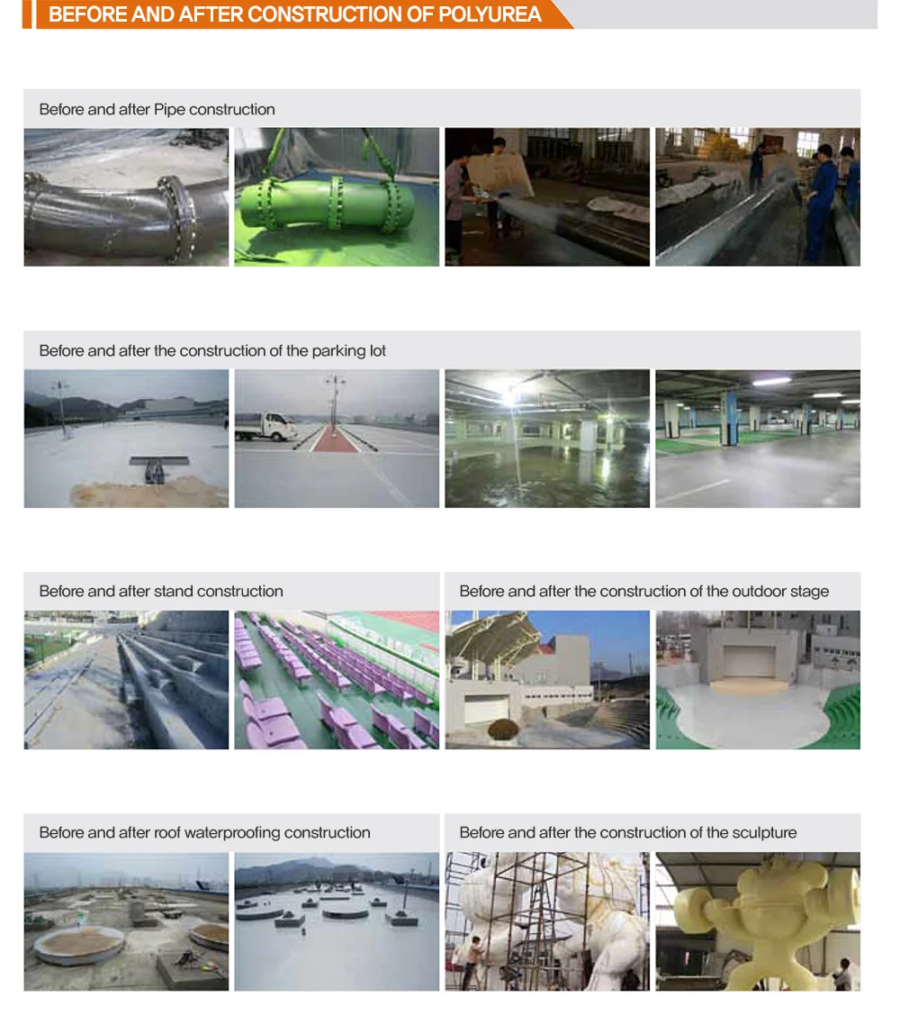 폴리우레아 시공 전후 비교 사진 — 배관 코팅, 주차장, 경기장 스탠드, 야외 무대, 옥상 방수, 조형물 시공